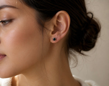 Small Black Gemstone Stud Earrings, Sterling Silver Onyx Studs, Round Gemstone Studs, Minimalist Everyday Earrings