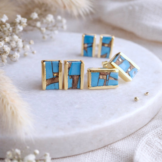Mojave Turquoise Stud Earrings • Turquoise Earrings Gold • December Birthstone Gift • Boho Gemstone Jewelry • Gemstone Bar Earrings