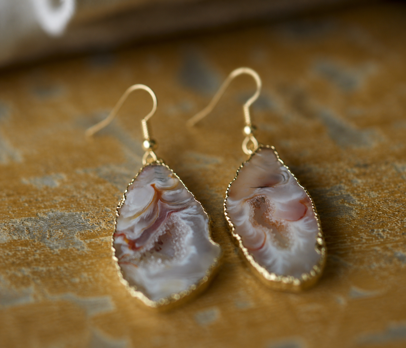 Natural Geode Slice Dangle Earrings – Swirled Druzy Centers Edged in 14k Gold, Statement Crystal Jewelry