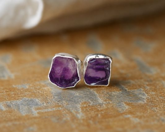 Raw Amethyst Gemstone Earrings – 14k Gold or Sterling Silver Stud Setting - February Birthstone Gift