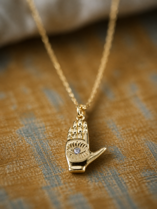 Hamsa Hand Necklace with Crystal, Gold Hand Pendant Necklace, Palm with Eye Necklace