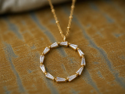 Gold Fill Eternity Necklace with  Baguette Crystals,  Halo Circle Pendant, Dainty Minimalist Jewelry, Gift for Her Everyday Elegant Gift