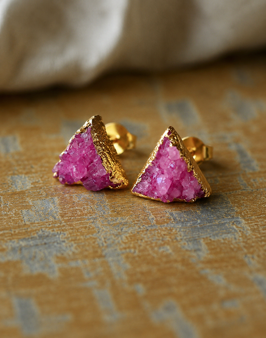 Pink Triangle Druzy Studs – Crystal Earrings with 14k Gold Electroplate
