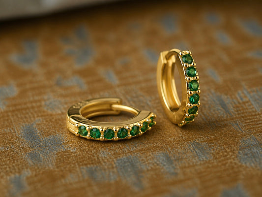 Emerald Islands Green CZ Huggie Hoops in 18k Gold Vermeil, Dainty Gemstone Hoop Earrings, May Birthstone Gift