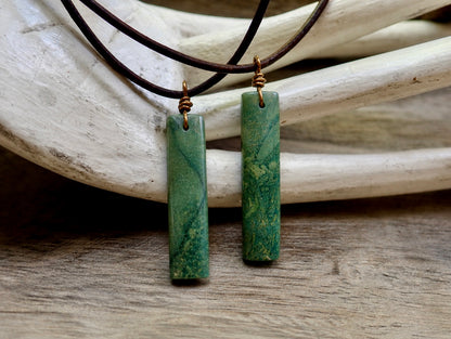 Men’s Leather Cord Necklace with Slim Rectangular Jade Pendant – Minimalist Natural Stone Jewelry – Handmade Green Jade Necklace
