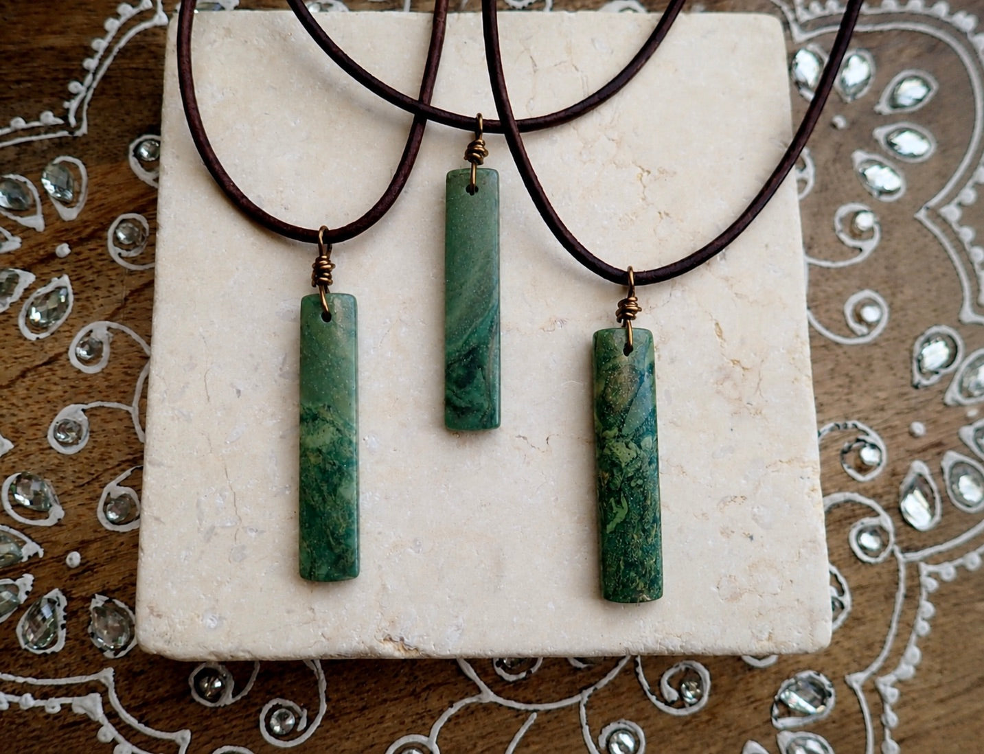 Men’s Leather Cord Necklace with Slim Rectangular Jade Pendant – Minimalist Natural Stone Jewelry – Handmade Green Jade Necklace