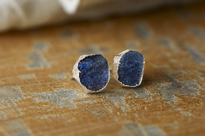 Raw Sapphire Studs Earrings, Natural Blue  Gemstone Stud Earrings Silver, Sapphire Jewelry, Birth Month Earrings, September Birthstone Gift