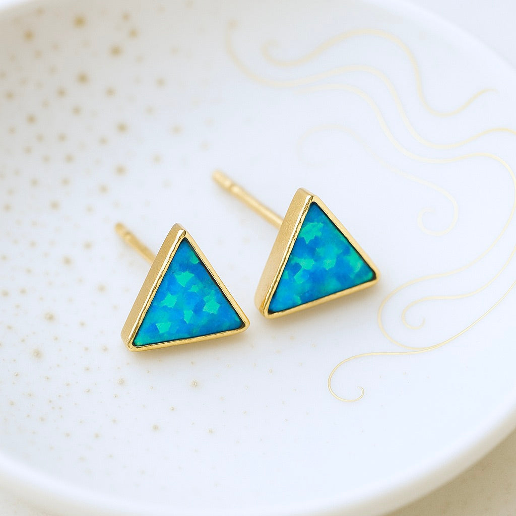 Giza Tiny Blue Opal Studs Earrings, Small Gemstone Posts, October Birthstone Jewelry