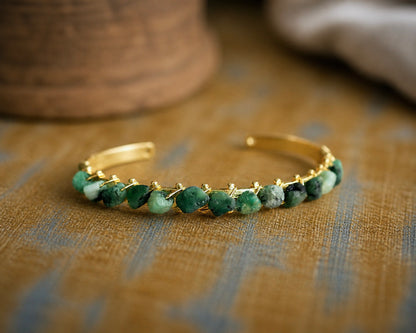 Raw Emerald Cuff Bracelet – 14k Gold Plated with Wire-Wrapped Gemstones