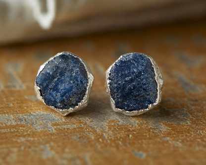 Raw Sapphire Studs Earrings, Natural Blue  Gemstone Stud Earrings Silver, Sapphire Jewelry, Birth Month Earrings, September Birthstone Gift