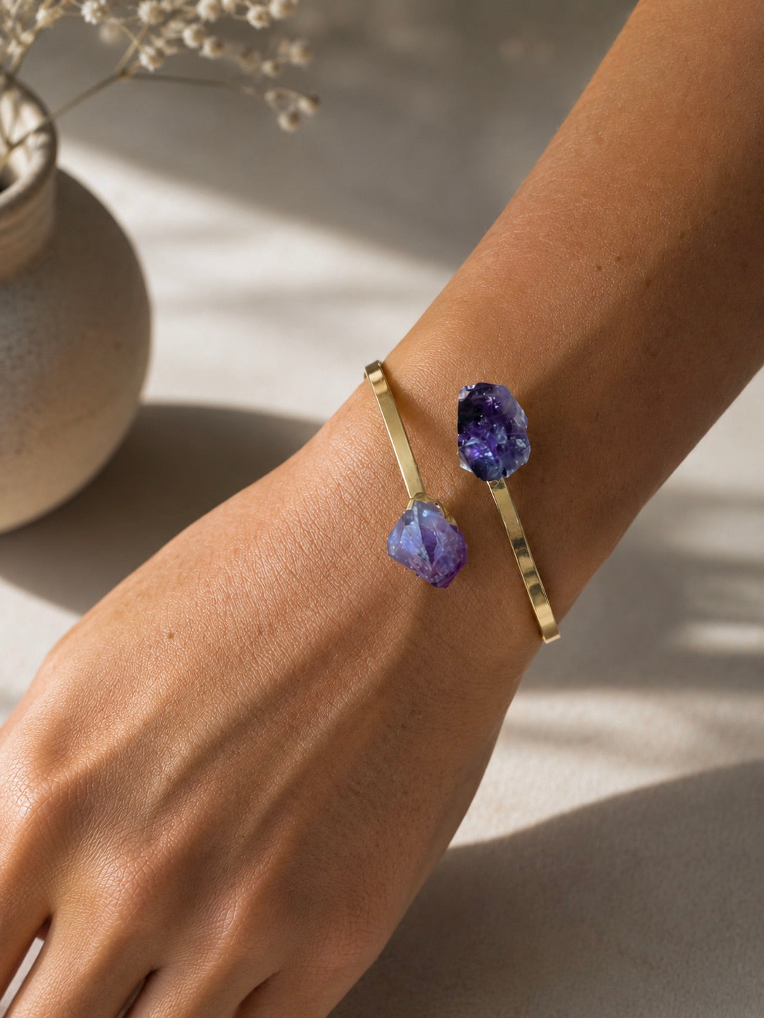 Raw Amethyst Wrap Bracelet – 14k Gold Plated Twist Cuff with Double Crystal Points – February Birthstone Jewelry – Boho Amethyst Bangle