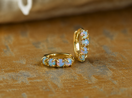 Blue Opal Huggie Hoop Earrings, Small Dainty Gold Hoop Earrings, October Birthstone