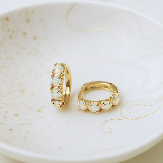 Tiny Opal Huggie Hoops – Stacking Earrings with Prong-Set Opals in Gold Fill, Boho October Birthstone Jewelry