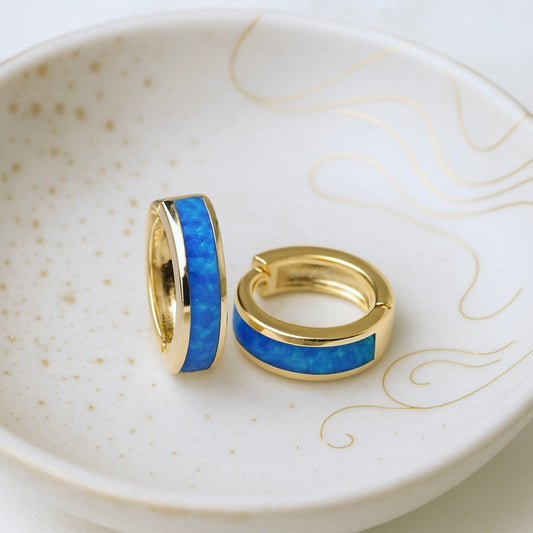 Opal Inlay Huggie Hoops - Blue or White Opal Earrings - Gold Gemstone Hoops