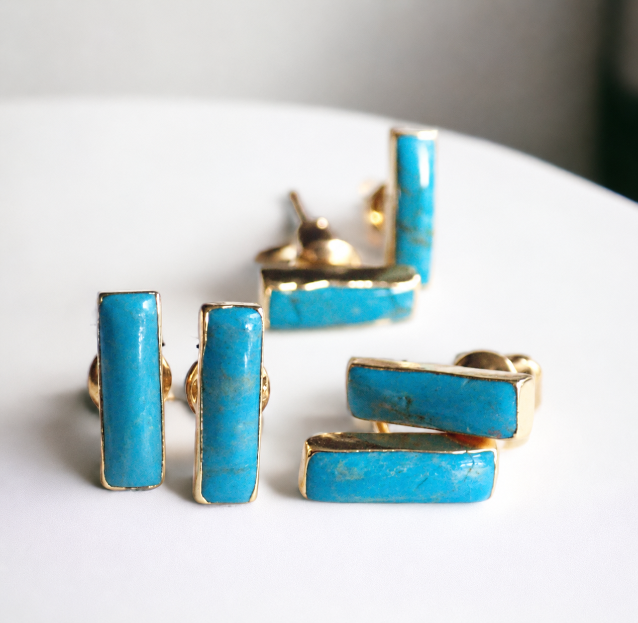Thetis Turquoise Studs | Natural Gemstone Bar Stud Earrings, Dainty Minamalist Gold Turquoise Post Earrings