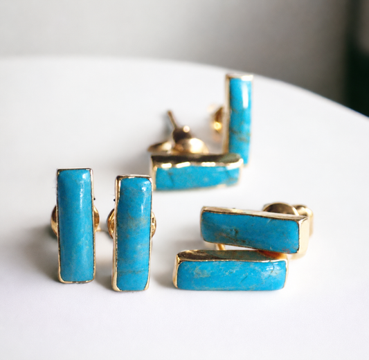 Thetis Turquoise Studs | Natural Gemstone Bar Stud Earrings, Dainty Minamalist Gold Turquoise Post Earrings
