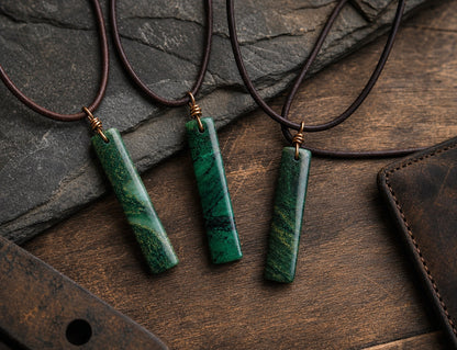 Men’s Leather Cord Necklace with Slim Rectangular Jade Pendant – Minimalist Natural Stone Jewelry – Handmade Green Jade Necklace