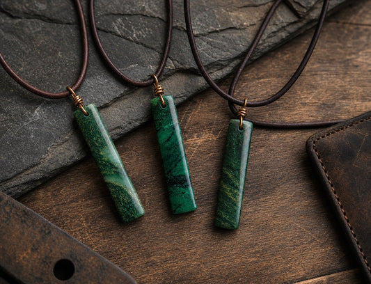 Men’s Leather Cord Necklace with Slim Rectangular Jade Pendant – Minimalist Natural Stone Jewelry – Handmade Green Jade Necklace