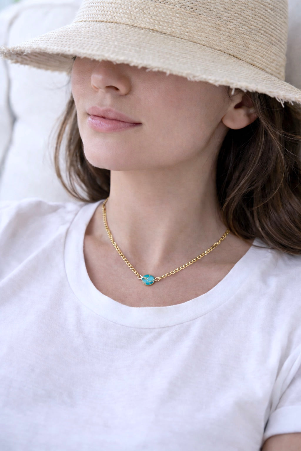 Turquoise Pendant Necklace Gold, Gemstone Coin Pendant, Mojave Turquoise Necklace,December Birthstone Gift for Her,Dainty Minimalist Jewelry