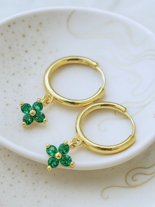Emerald Green Flower Crystal Huggie Hoops – 14k Gold Vermeil Sterling Silver  – Dainty Small Hoop Earrings – May Birthstone Gift for Her
