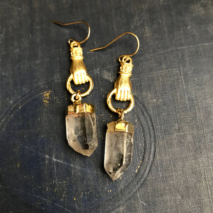 Gold Vermeil Quartz Point Figa Earrings | Raw Crystal Stone Dangles,