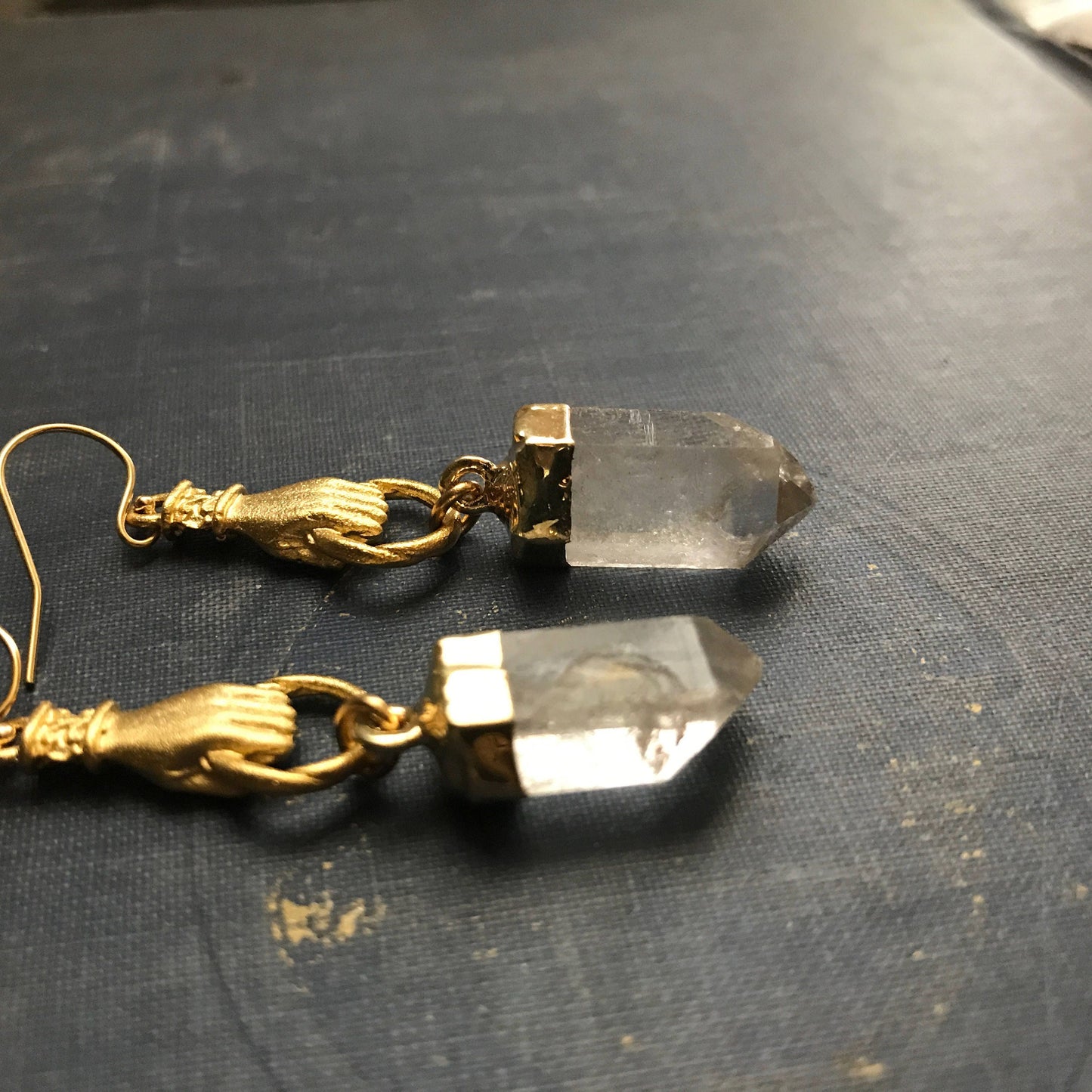 Gold Vermeil Quartz Point Figa Earrings | Raw Crystal Stone Dangles,