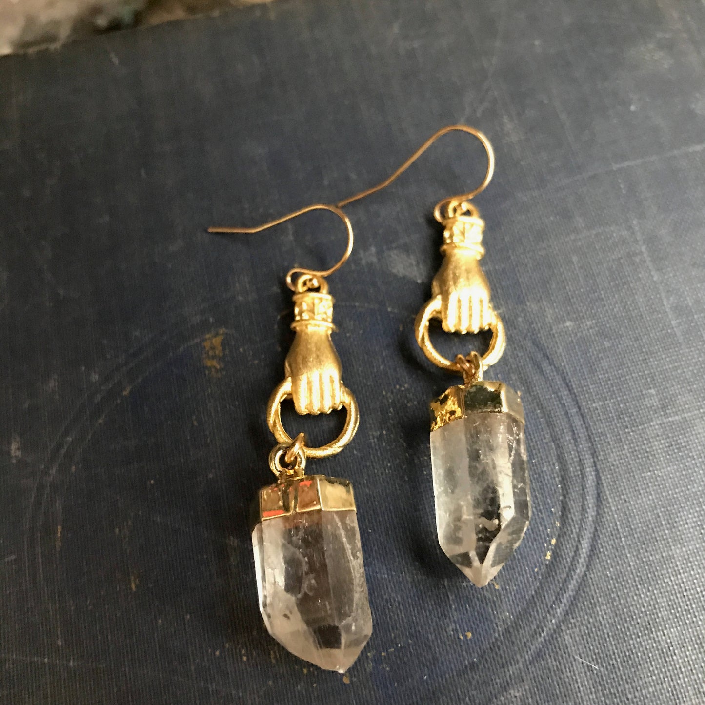 Gold Vermeil Quartz Point Figa Earrings | Raw Crystal Stone Dangles,