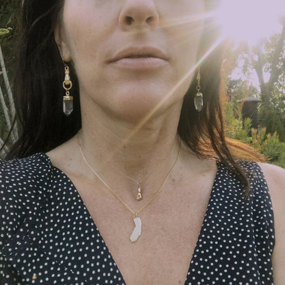 Gold Vermeil Quartz Point Figa Earrings | Raw Crystal Stone Dangles,