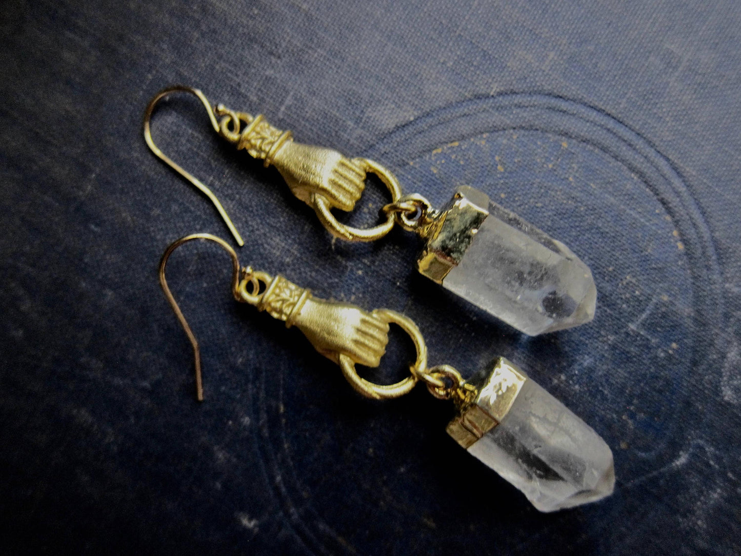 Gold Vermeil Quartz Point Figa Earrings | Raw Crystal Stone Dangles,