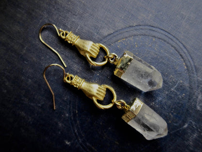 Gold Vermeil Quartz Point Figa Earrings | Raw Crystal Stone Dangles,
