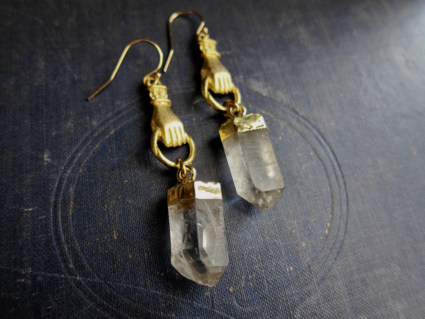 Gold Vermeil Quartz Point Figa Earrings | Raw Crystal Stone Dangles,