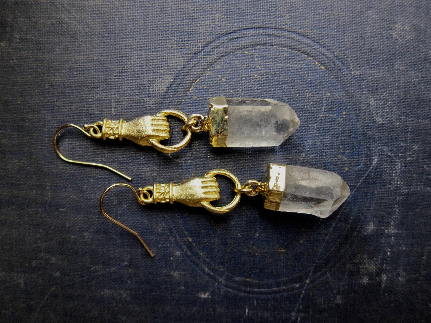 Gold Vermeil Quartz Point Figa Earrings | Raw Crystal Stone Dangles,