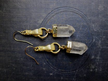 Gold Vermeil Quartz Point Figa Earrings | Raw Crystal Stone Dangles,