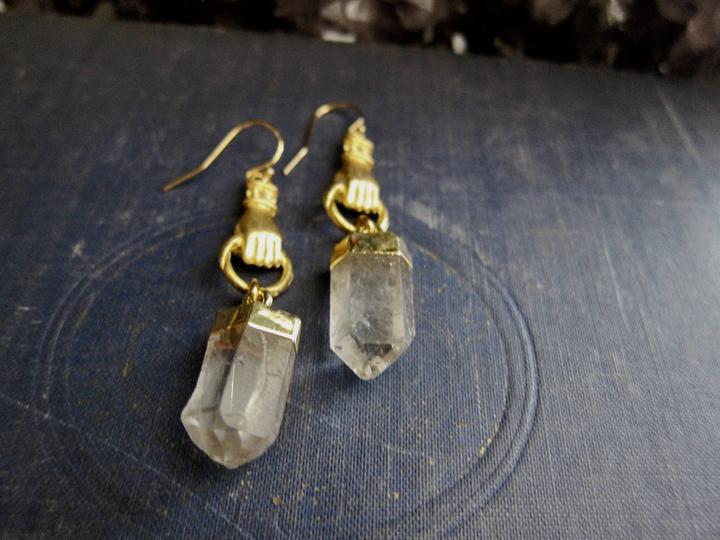 Gold Vermeil Quartz Point Figa Earrings | Raw Crystal Stone Dangles,
