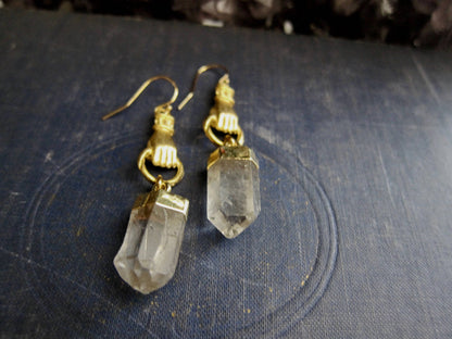 Gold Vermeil Quartz Point Figa Earrings | Raw Crystal Stone Dangles,