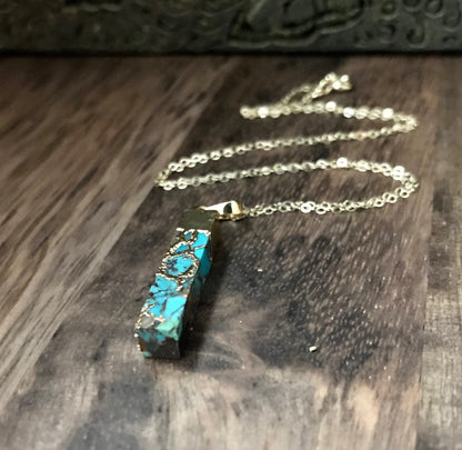 Dainty Copperized Turquoise Bar Necklace in Gold, Mojave Turquoise Pendant Necklace
