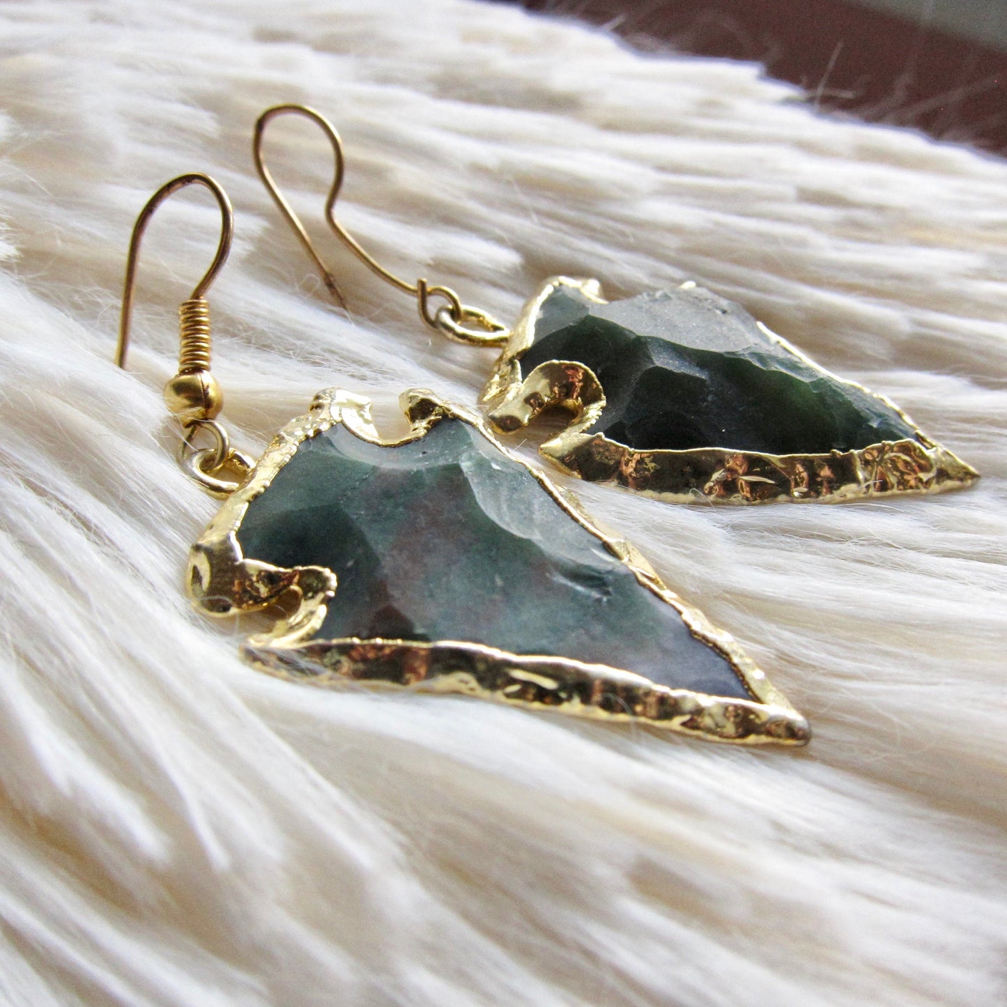 Bloodstone Arrowhead Earrings Gold, Boho Stone Earrings, Tribal Southwest Statement Jewelry