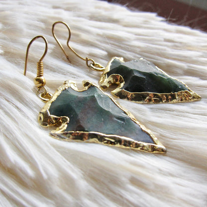 Bloodstone Arrowhead Earrings Gold, Boho Stone Earrings, Tribal Southwest Statement Jewelry