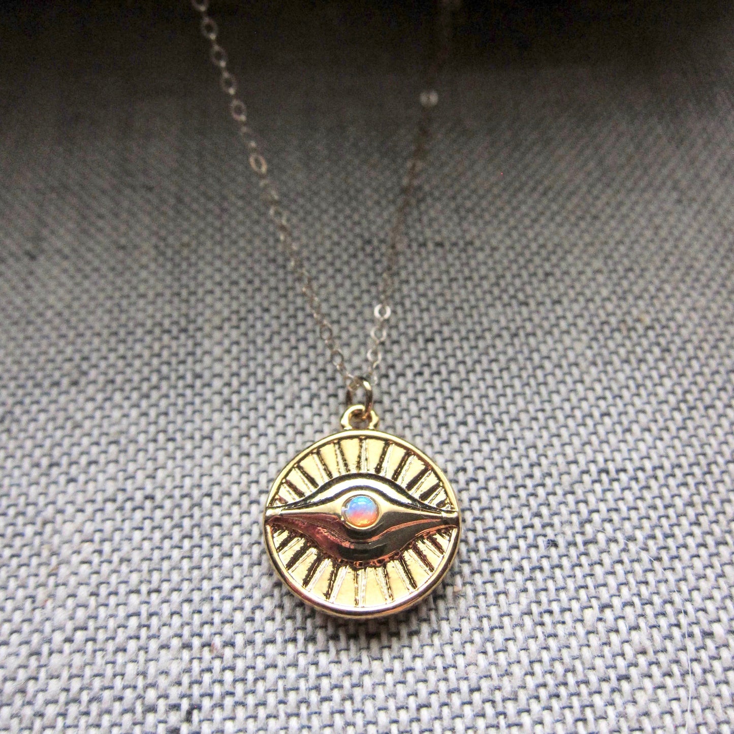 Gold Evil Eye Necklace – Sunburst Opal Charm, Dainty Medallion Necklace, October Birthstone, Celestial Protection Jewelry, Gold Fill Chain