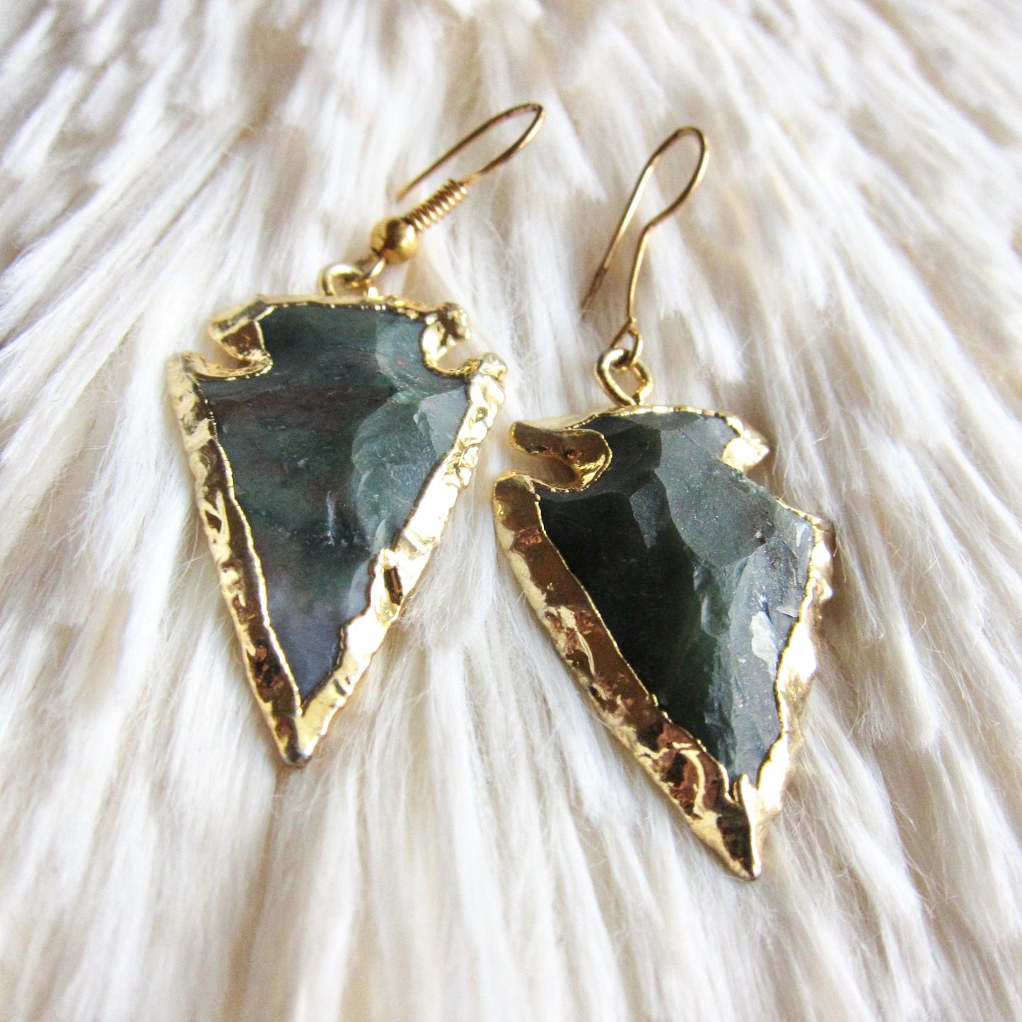 Bloodstone Arrowhead Earrings Gold, Boho Stone Earrings, Tribal Southwest Statement Jewelry