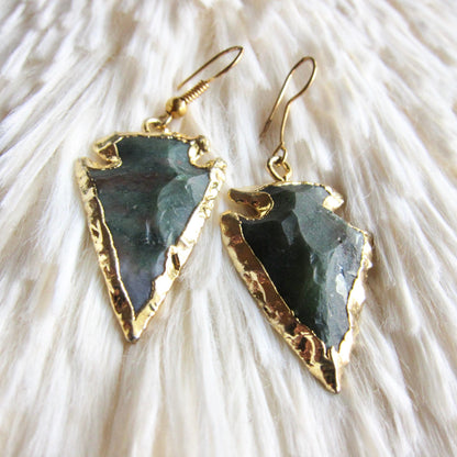 Bloodstone Arrowhead Earrings Gold, Boho Stone Earrings, Tribal Southwest Statement Jewelry