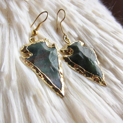 Bloodstone Arrowhead Earrings Gold, Boho Stone Earrings, Tribal Southwest Statement Jewelry