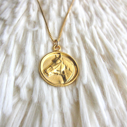 Horse Coin Necklace Gold Vermeil, Gold Coin Medallion Necklace, Horse Lover Gift, Round Animal Charm Necklace, Horse Jewelry, Gift for Her