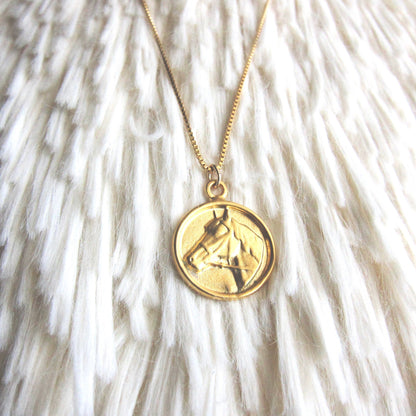 Horse Coin Necklace Gold Vermeil, Gold Coin Medallion Necklace, Horse Lover Gift, Round Animal Charm Necklace, Horse Jewelry, Gift for Her