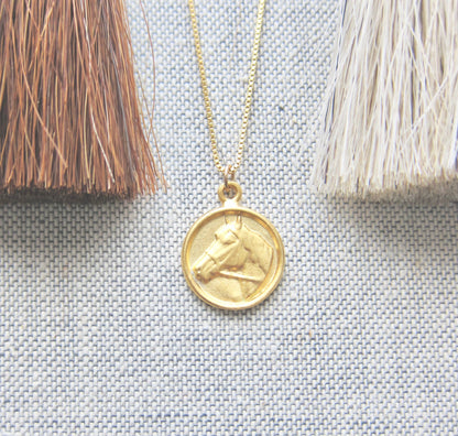 Horse Coin Necklace Gold Vermeil, Gold Coin Medallion Necklace, Horse Lover Gift, Round Animal Charm Necklace, Horse Jewelry, Gift for Her