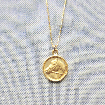 Horse Coin Necklace Gold Vermeil, Gold Coin Medallion Necklace, Horse Lover Gift, Round Animal Charm Necklace, Horse Jewelry, Gift for Her