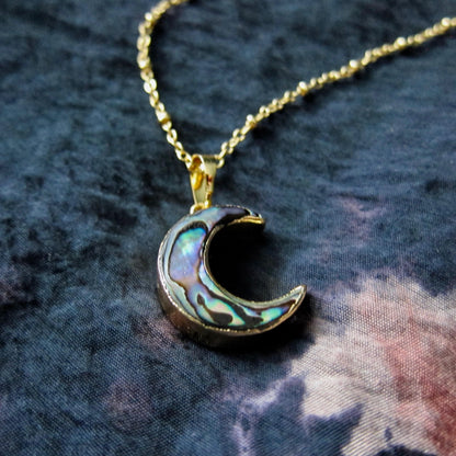 Abalone Crescent Moon Necklace in Gold – Iridescent Shell Pendant, Celestial Jewelry