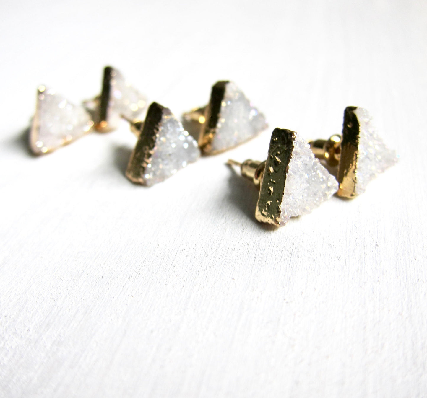 Natural Triangle Druzy Studs – White/Gray Crystal with 14k Gold Electroplate