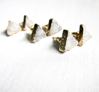Natural Triangle Druzy Studs – White/Gray Crystal with 14k Gold Electroplate