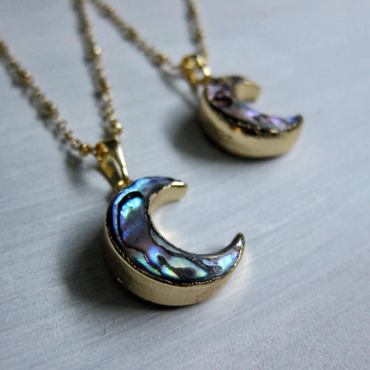 Abalone Crescent Moon Necklace in Gold – Iridescent Shell Pendant, Celestial Jewelry